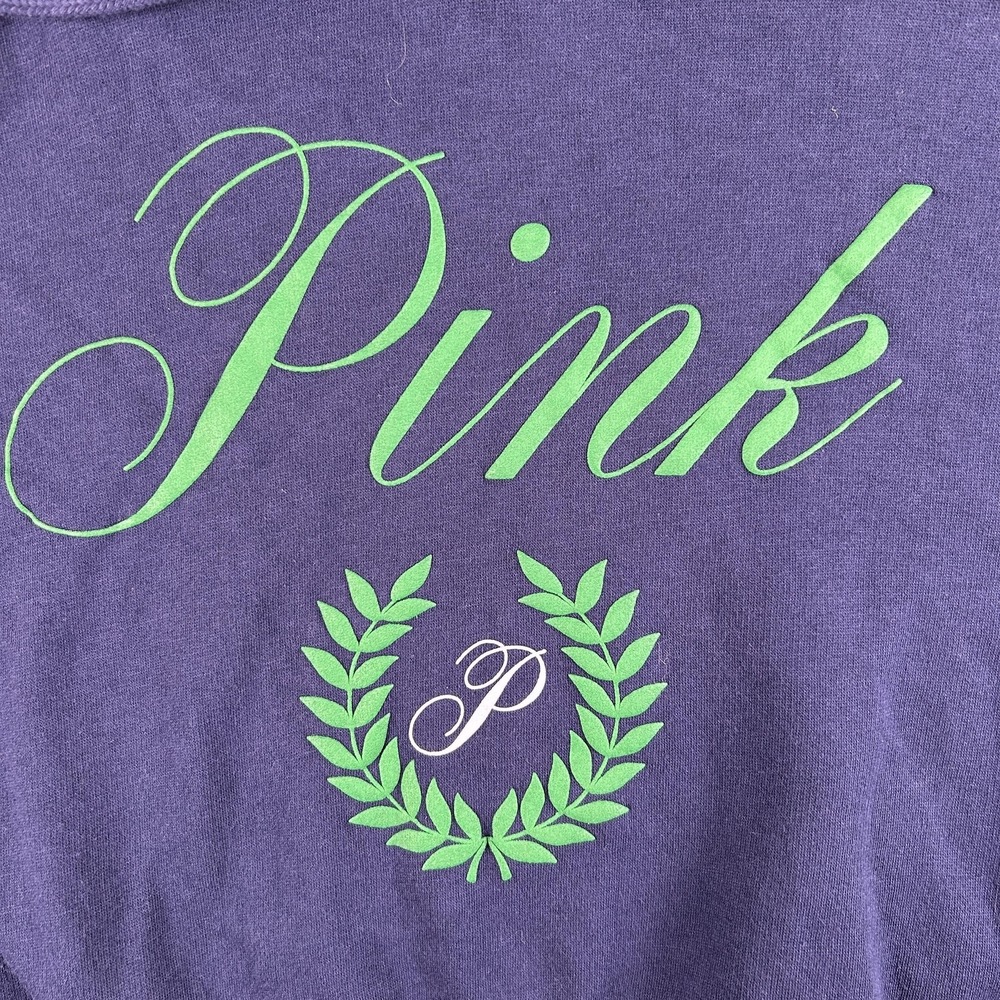 PINK Victoria's Secret Hoodie‎ Womens Medium Blue Cropped Fleece Logo Sweatshirt - Picture 2 of 9